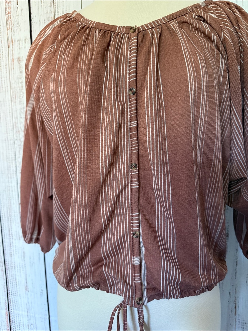Liberty Love Rust Striped Button-Front Peasant Top - Picture 4 of 6